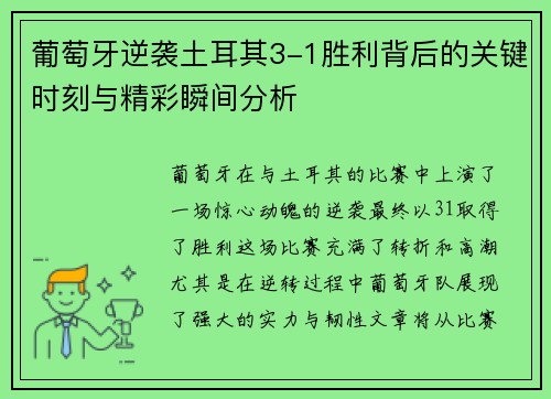 葡萄牙逆袭土耳其3-1胜利背后的关键时刻与精彩瞬间分析