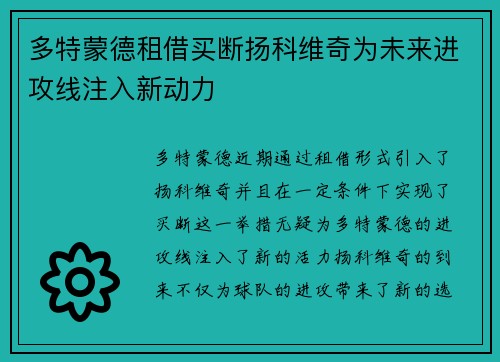 多特蒙德租借买断扬科维奇为未来进攻线注入新动力